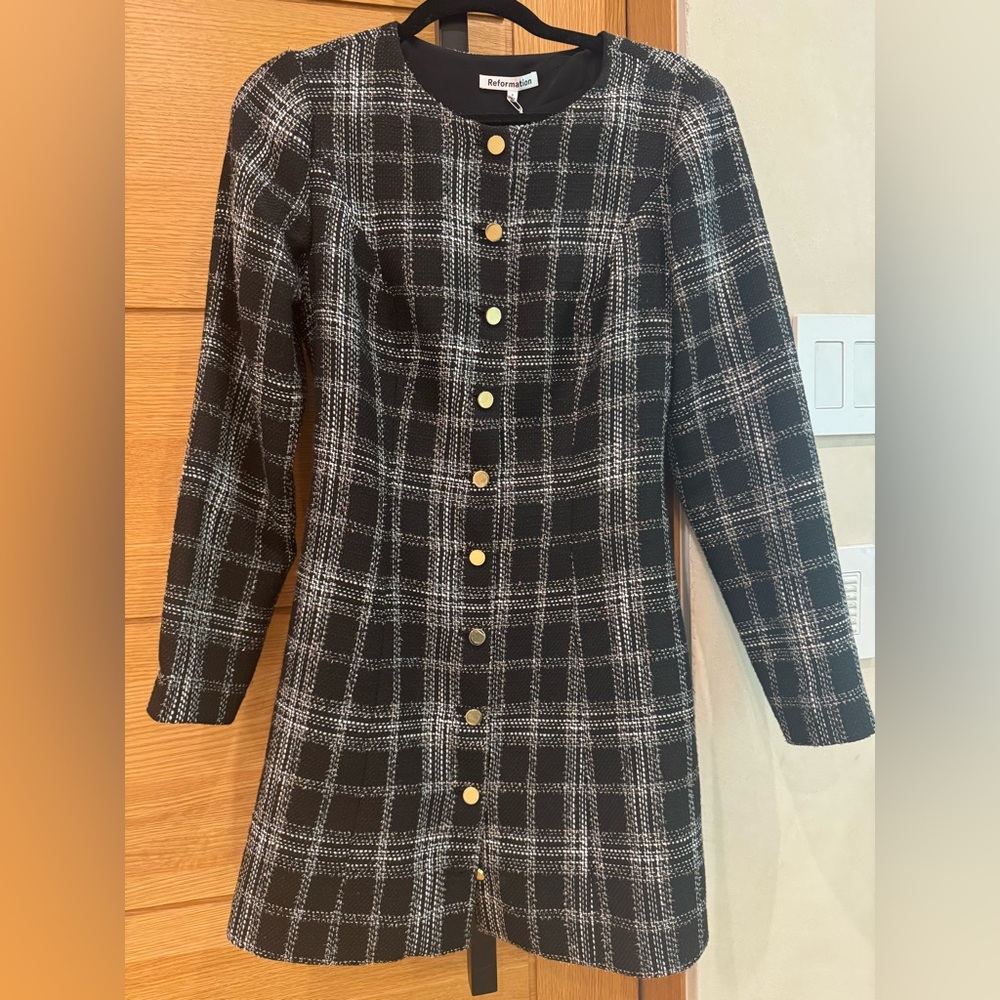 Oliana Black and White plaid long sleeve high neck dress